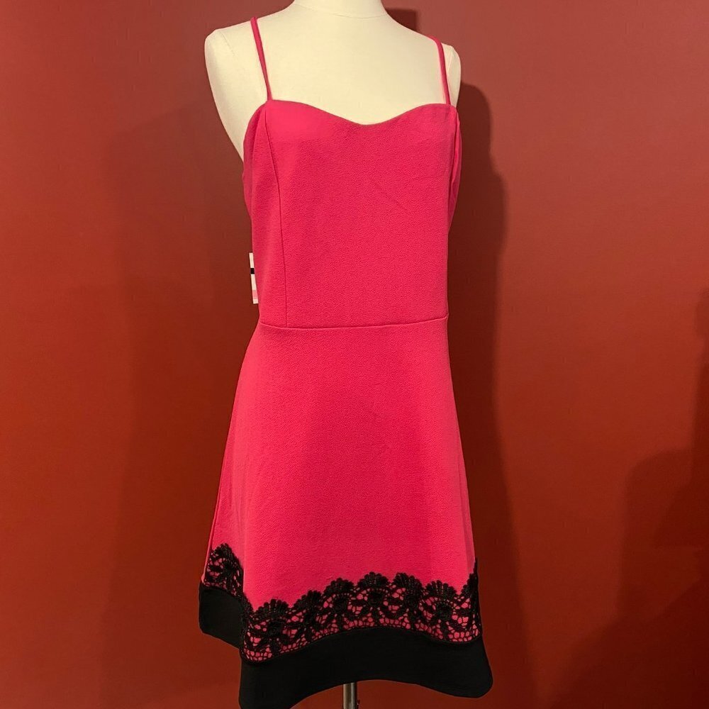 Pink Spaghetti-Strap Mini Dress with Black Lace Trim